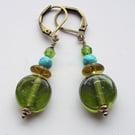 Earrings green lemon turquoise glass circle vintage leverback summer