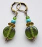 Earrings green lemon turquoise glass circle vintage leverback summer
