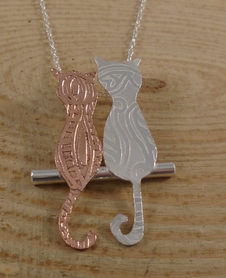 Sterling Silver and Copper Zentangle Cat Necklace