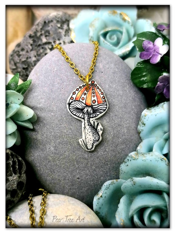 Handmade Toadstool pendant on a Gold plated chain, Red