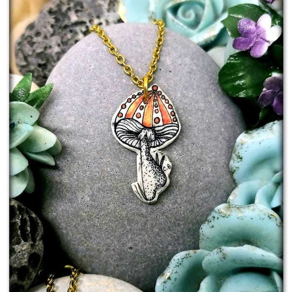 Handmade Toadstool pendant on a Gold plated chain, Red