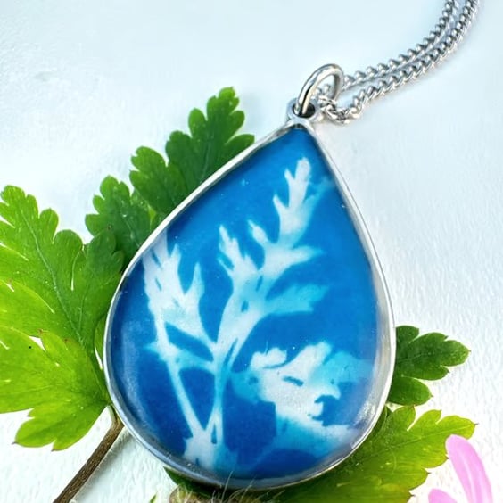 Cyanotype Pendant Necklace on a Stainless Steel Chain 