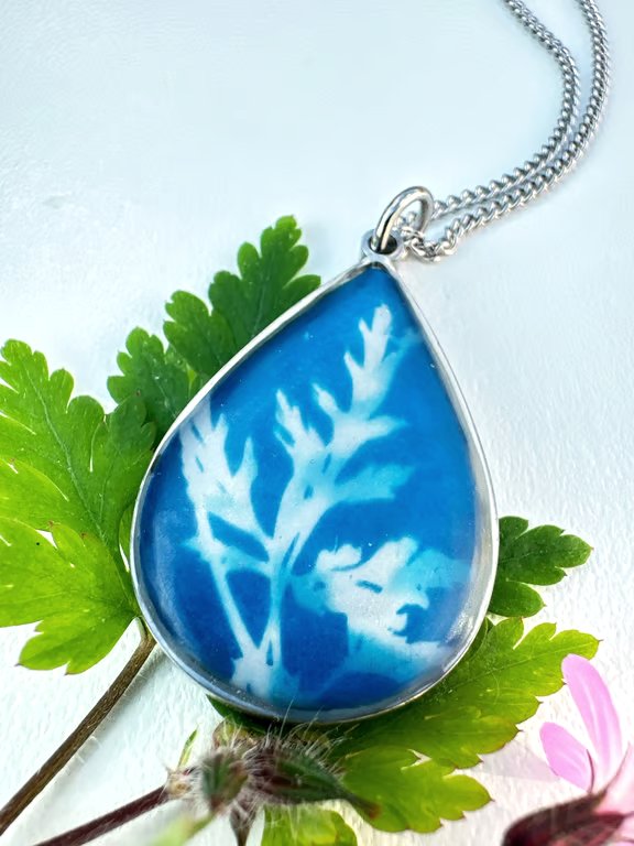 Cyanotype Pendant Necklace on a Stainless Steel Chain 