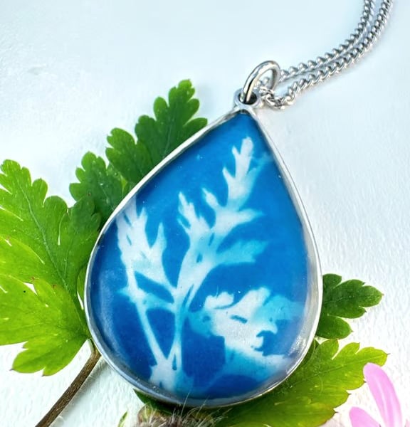 Cyanotype Pendant Necklace on a Stainless Steel Chain 