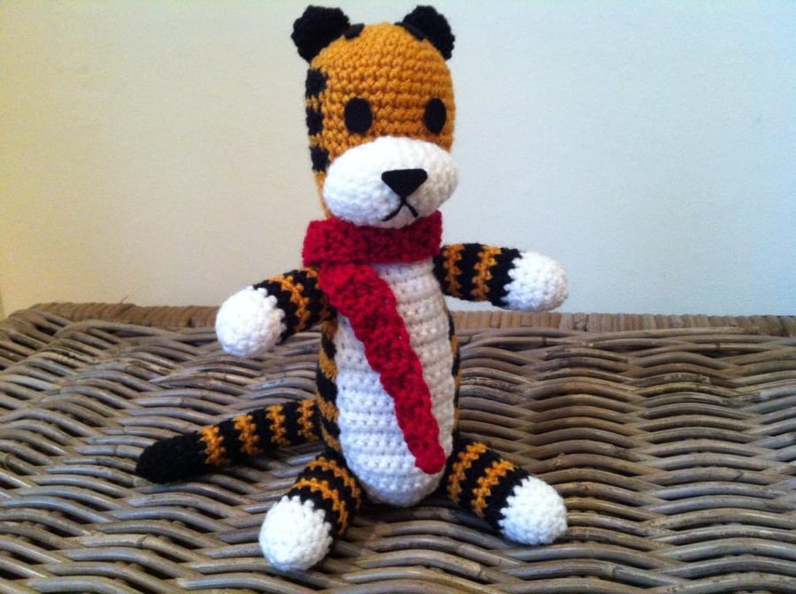 Harold with scarf the imaginary tiger friend crochet plush stuffed toy Hobbes
