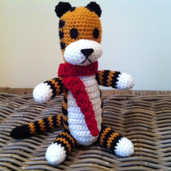 Harold with scarf the imaginary tiger friend crochet plush stuffed toy Hobbes