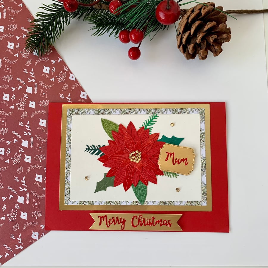 Handmade Poinsettia Christmas Card - Mum