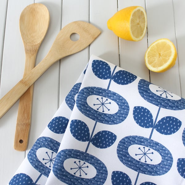 Dark Blue Bloom Flower Pattern Tea Towel 