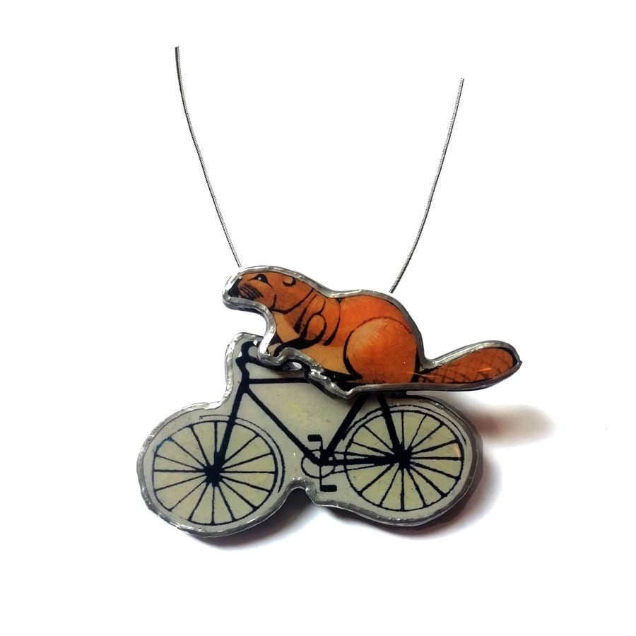 Large Statement Whimsical Resin Beaver on a Bicycle Necklace by EllyMental
