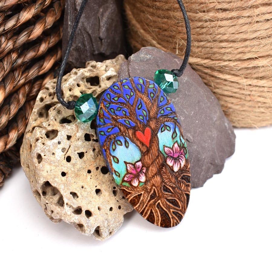 Pyrography oval tree of life pendant, with heart and lillies, wood anniversary
