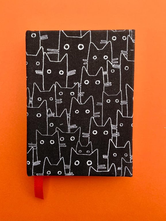 Handmade Mini A7 Black Cat Notebook, Sketchbook, Journal - Orange