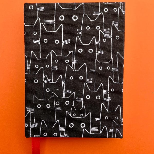 Handmade Mini A7 Black Cat Notebook, Sketchbook, Journal - Orange
