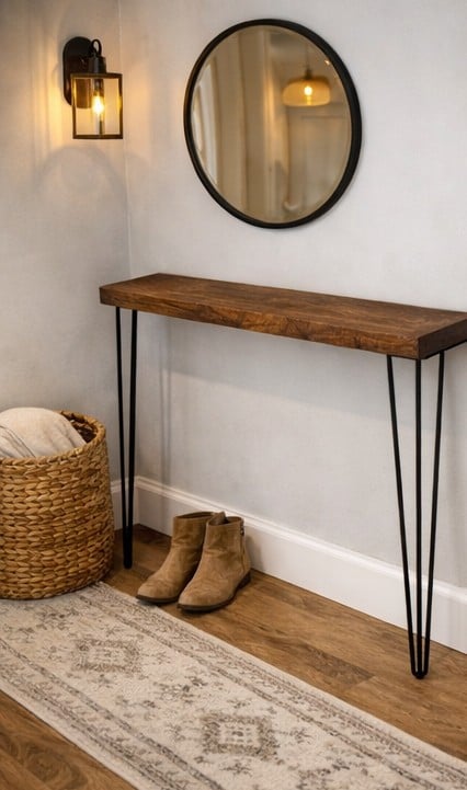 Rustic Solid Wooden Narrow Hallway Entrance Table with Metal Hairpin Legs