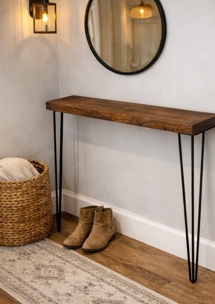 Rustic Solid Wooden Narrow Hallway Entrance Table with Metal Hairpin Legs