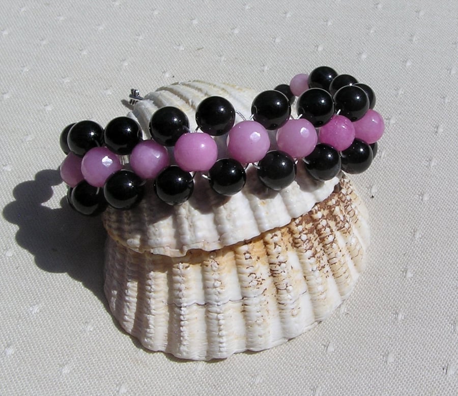 Black Onyx & Pink Morganite Crystal Gemstone Woven Beaded Bracelet "Hathor"