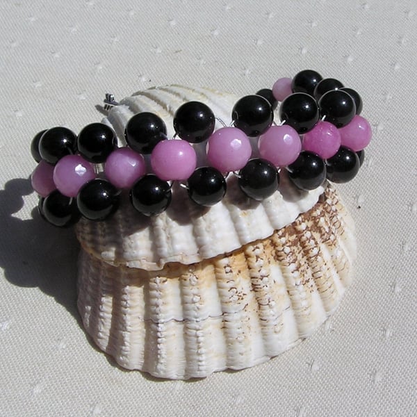 Black Onyx & Pink Morganite Crystal Gemstone Woven Beaded Bracelet "Hathor"