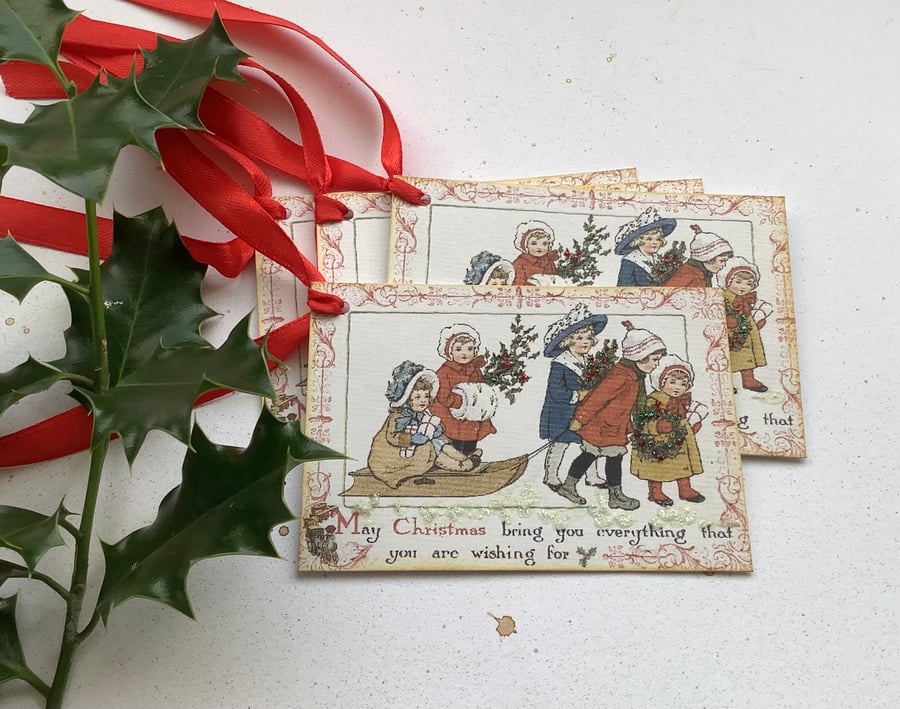 CHRISTMAS GIFT TAGS ( set of 4) vintage style. Sledge, children. 