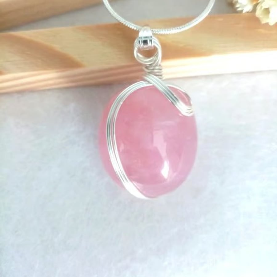 Rose Quartz Necklace - Wire Wrapped Rose Quartz Tumble Stone - Heart Chakra Gift