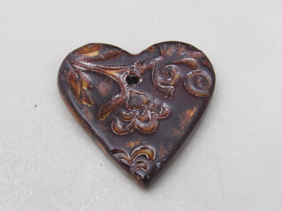 Medium Dark Copper Brocade Texture Heart Shaped Ceramic Pendant