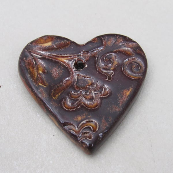 Medium Dark Copper Brocade Texture Heart Shaped Ceramic Pendant