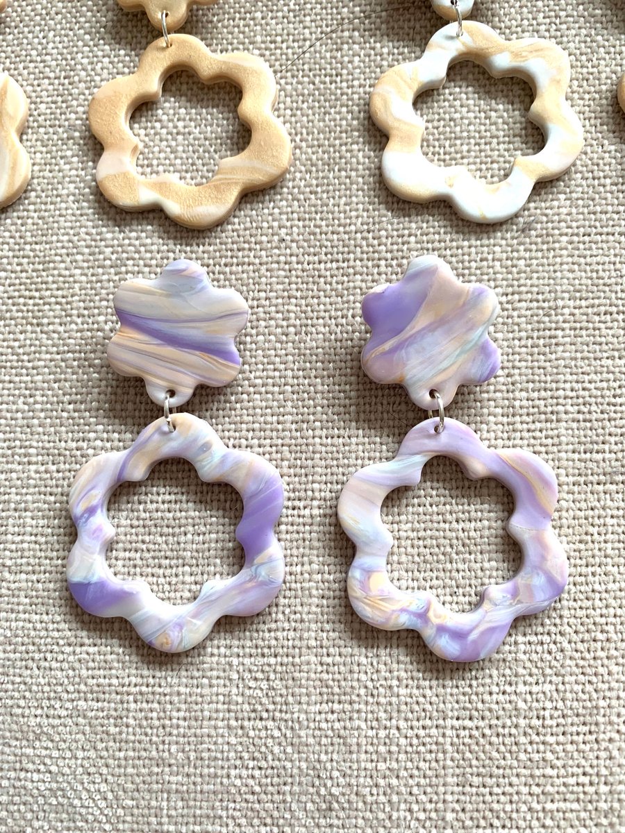 Unique cut-out flower polymer clay lightweight purple dangle earrings 