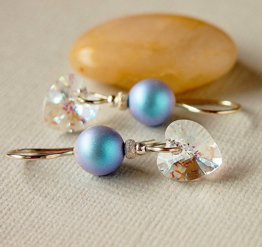 Blue Pearl Earrings - Heart Earrings - Swarovski Crystal - Sterling Silver