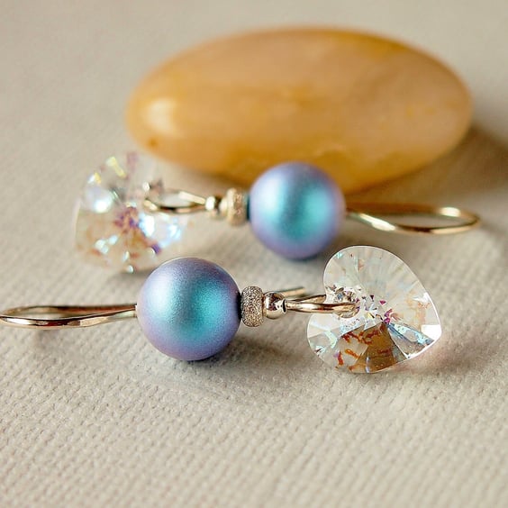 Blue Pearl Earrings - Heart Earrings - Swarovski Crystal - Sterling Silver
