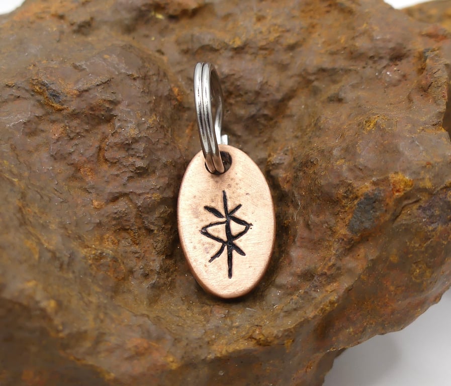 Recycled Oval Copper Protection Bindrune Split Keyring Charm, Bag Charm.
