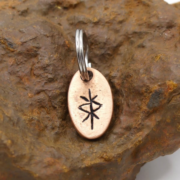 Recycled Oval Copper Protection Bindrune Split Keyring Charm, Bag Charm.