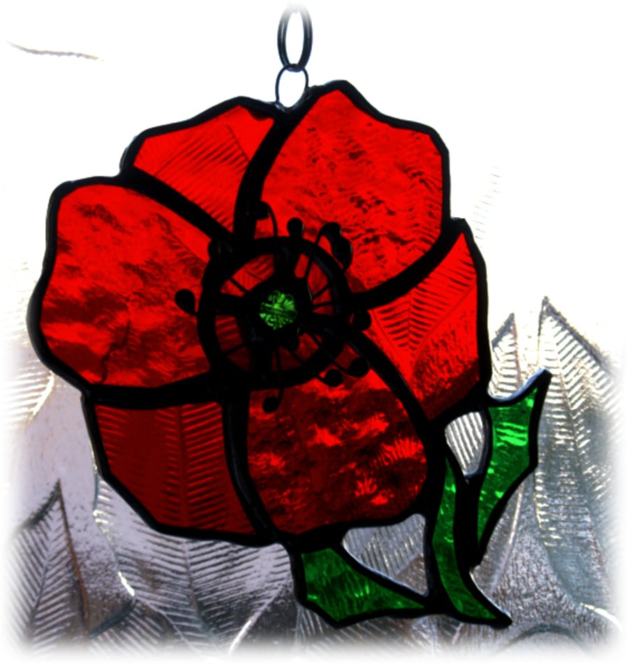 Reserved for Catherine Poppy Suncatcher Stained Glass Handmade Red
