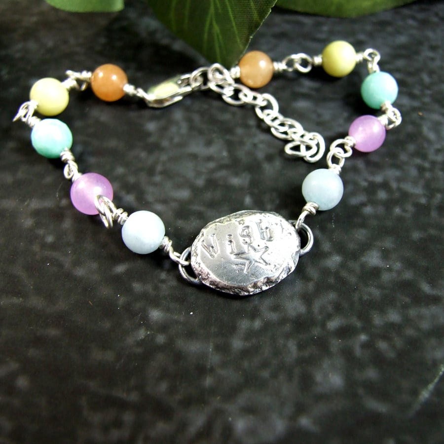Gemstone Bracelet. Sterling Silver with Recycled Silver Nugget Wish & Star