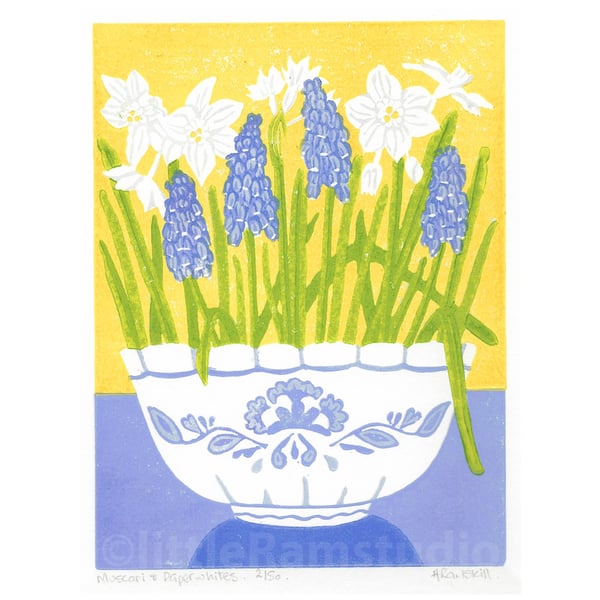 Muscari and Paperwhites - Limited edition Linocut Print