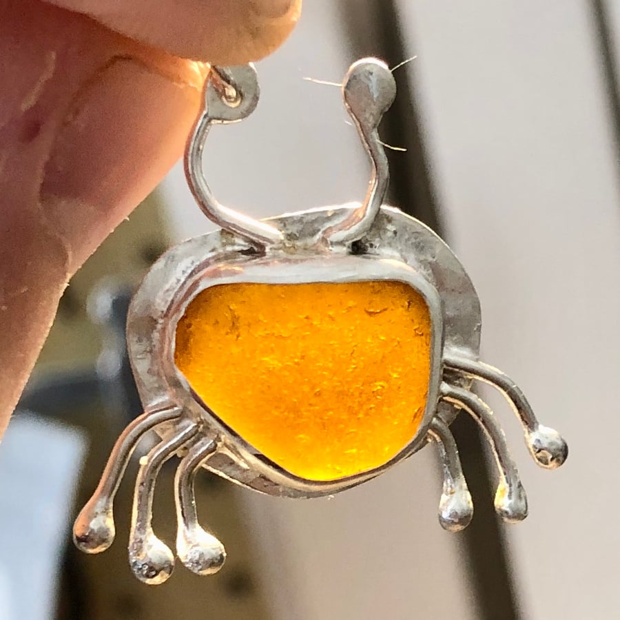 Golden Brown Sea Glass and Silver Crab Pendant Necklace - 1056