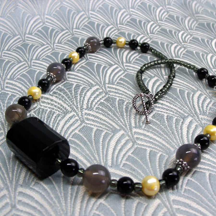 Semi-Precious Black Necklace, Black Handmade Necklace SPSA53