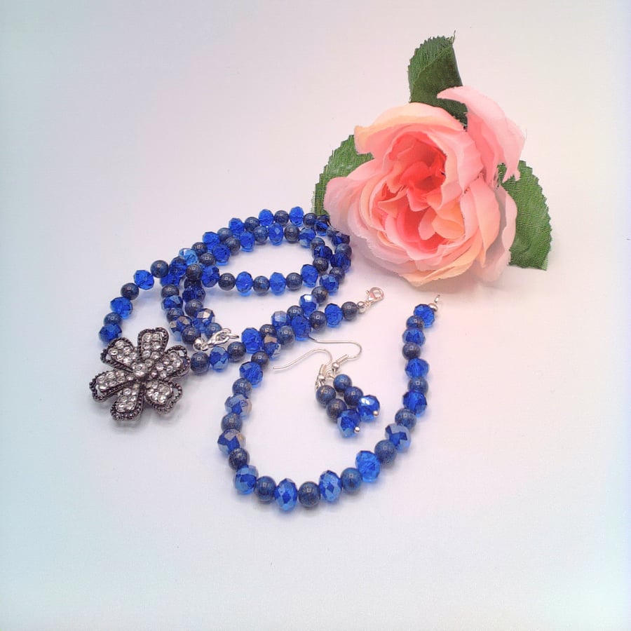 Bronze Rhinestone Flower Pendant on a Lapis Lazuli and Crystal Jewellery Set