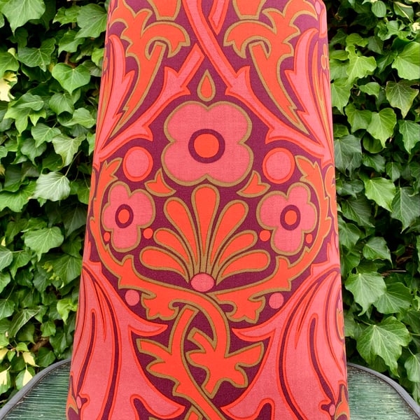 Retro Art Nouveau Red Mauve Acanthus 70s Peter Hall VIntage Fabric Lampshade 