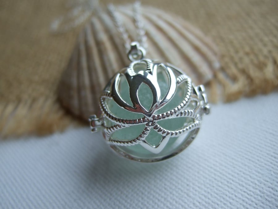 Sea glass marble necklace, silver plated lotus pendant, white sea glass marble