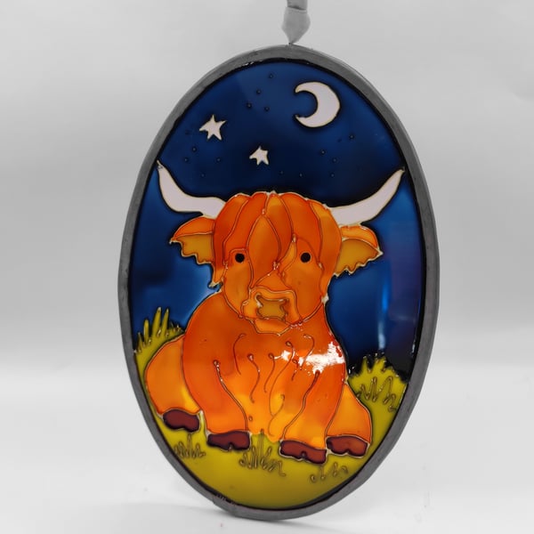 Handmade glass painted window hanging, Highland Cow