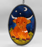Handmade glass painted window hanging, Highland Cow