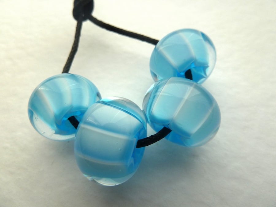 handmade lampwork glass beads, blue stripe