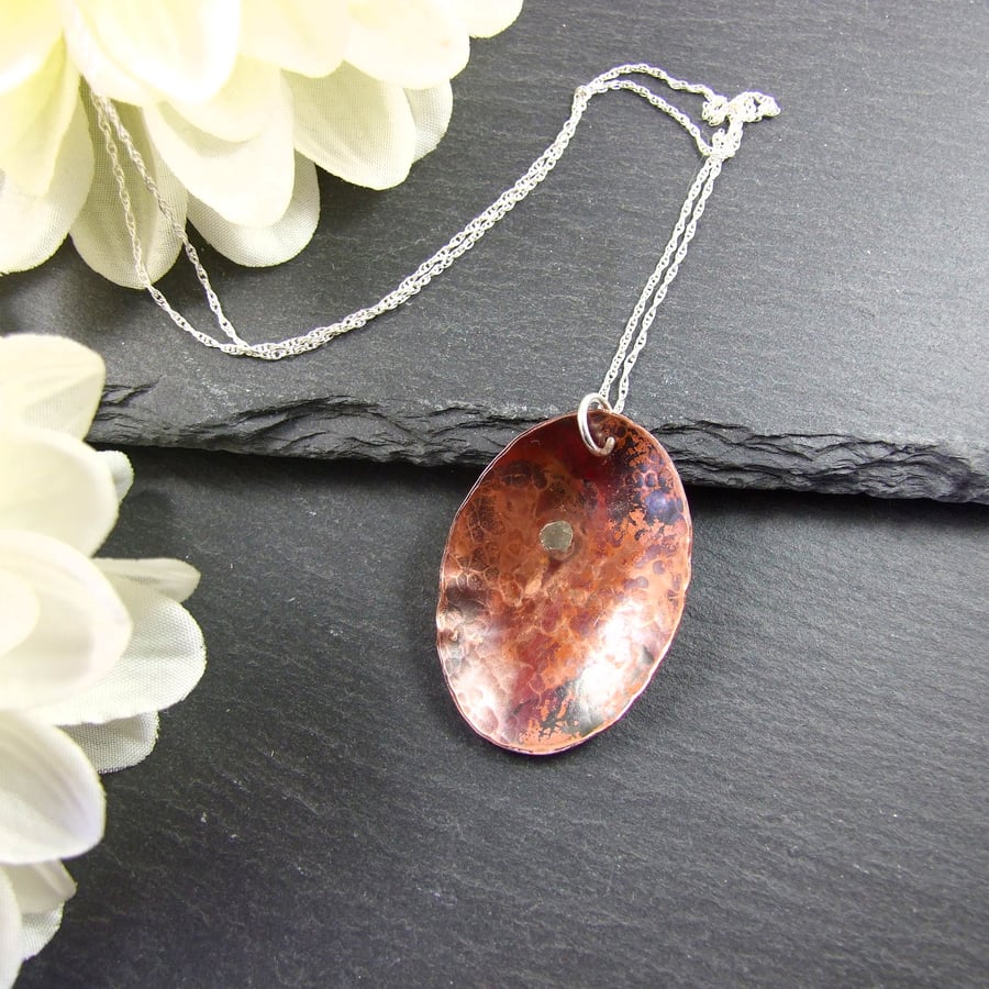 Artisan Necklace, Copper Geometric Oval Pendant with Sterling Silver