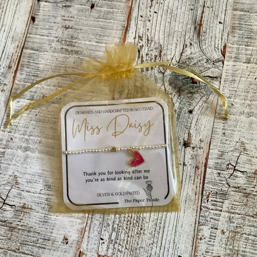 Stretch Beaded Bracelet with enamel heart charm, personalised gift card and bag