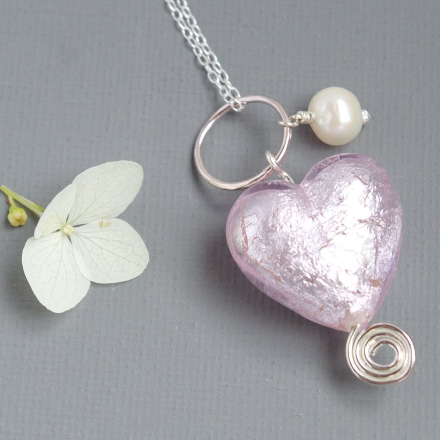 Pale Rose Pink Murano Heart and Freshwater Pearl Sterling Silver Spiral Pendant 