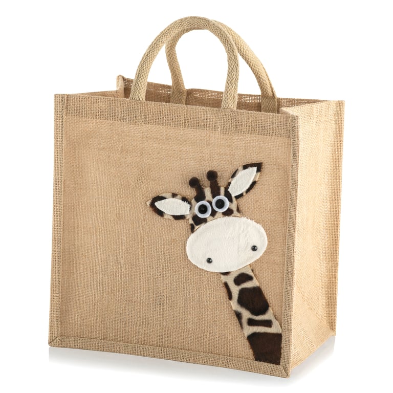 Medium Sized Jute Hessian Tote Shopping Bag Decorated with a Peekaboo Giraffe