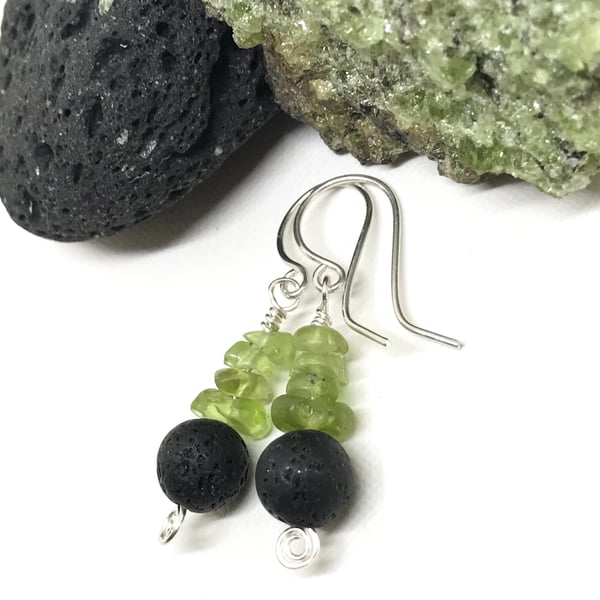 Black Lava Bead and Peridot Earrings, Sterling Silver