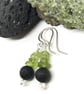 Black Lava Bead and Peridot Earrings, Sterling Silver