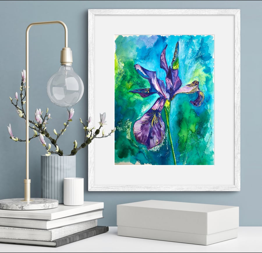 Midsummer Iris Watercolour Painting, A4 piece with white card mount