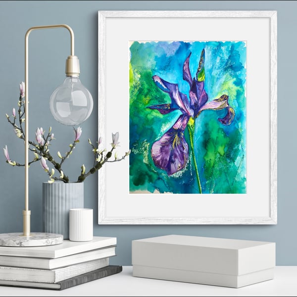 Midsummer Iris Watercolour Painting, A4 piece with white card mount