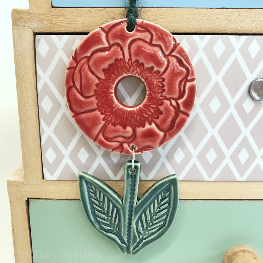 Pottery hanging Poppy decoration Red