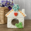 Small Ceramic bird house decoration with green bird